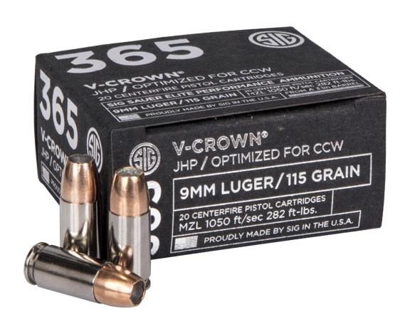 Sig 365 Elite V-Crown Handgun Ammunition 9mm Luger 115 gr JHP 1050 fps 20/ct