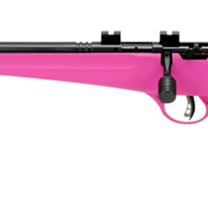 Pink hunting rifle with scope on white background.