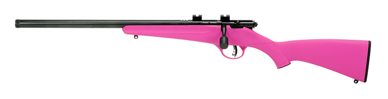 Pink hunting rifle with scope on white background.