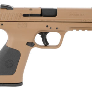 Tan handgun with black grip, side view.