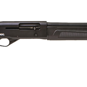 Black semi-automatic shotgun on white background.