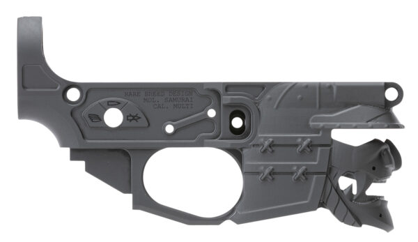 Gray rifle lower receiver with unique engravings.