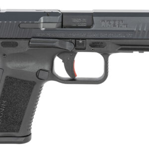 Black semi-automatic handgun on white background.