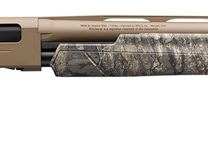 Camouflage hunting shotgun with tan and green pattern.