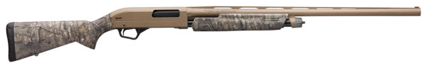 Camouflage hunting shotgun with tan and green pattern.