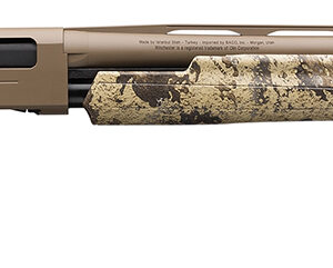 Camouflage hunting rifle with beige and brown patterns.