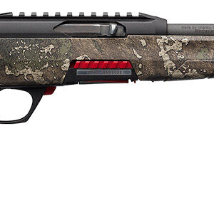 Camouflage hunting rifle with a scoped barrel.