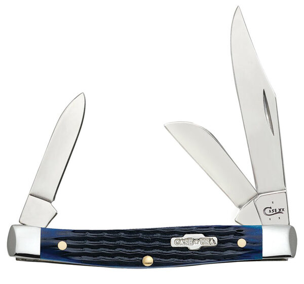 Three-blade folding pocket knife, blue handle.