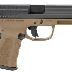 Tan and black semi-automatic handgun side view