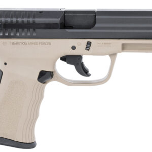 Tactical handgun with beige grip and black slide