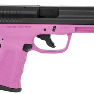 Pink and black pistol, side view.