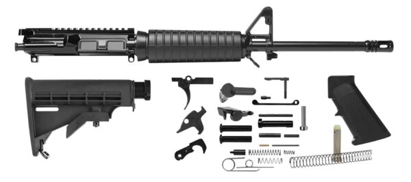 Rifle assembly kit with various components displayed