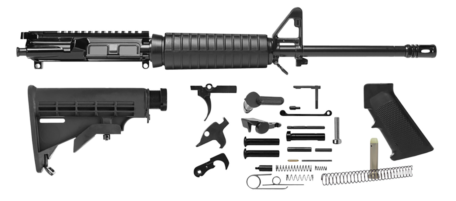 Rifle assembly kit with various components displayed