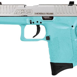 Teal and silver handgun, Diamondback Firearms model DB9.