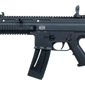 Black tactical airsoft rifle on white background.