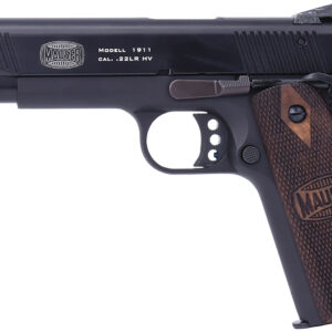 Mauser 1911 handgun with wooden grip panels.