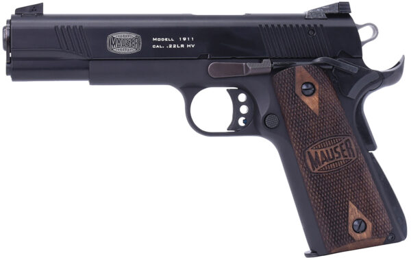 Mauser 1911 handgun with wooden grip panels.
