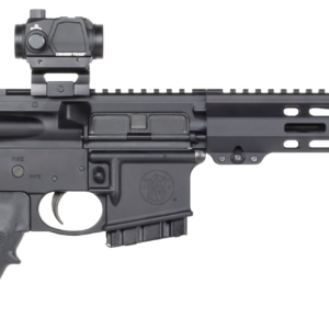 Black tactical rifle with scope on white background.