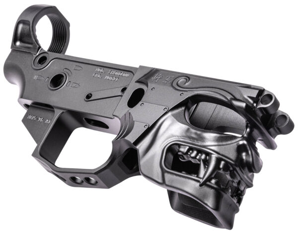 Skull-themed custom firearm receiver with intricate design.