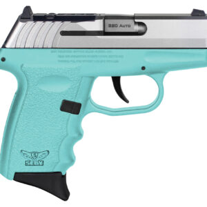 Blue SCCY 380 Auto pistol, side view.
