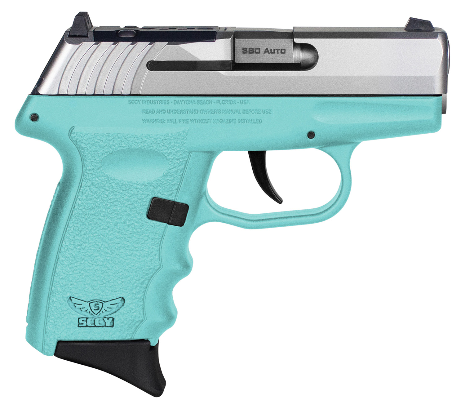 Blue SCCY 380 Auto pistol, side view.