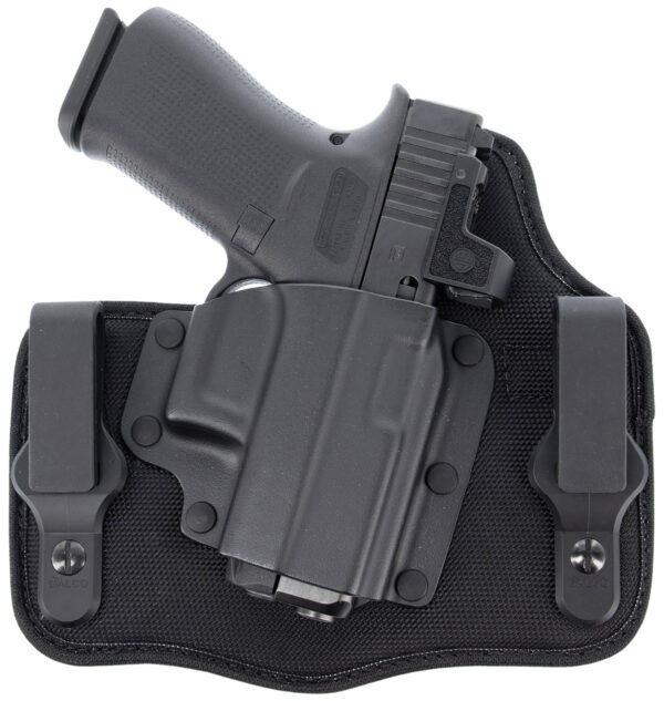 Black handgun in a holster, top view.