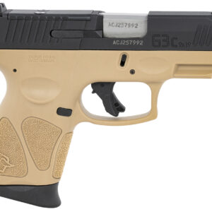 Compact tan and black handgun, side view.