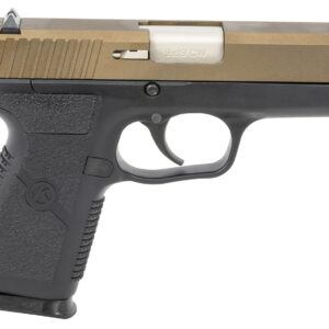 Semi-automatic pistol with brown slide and black grip.