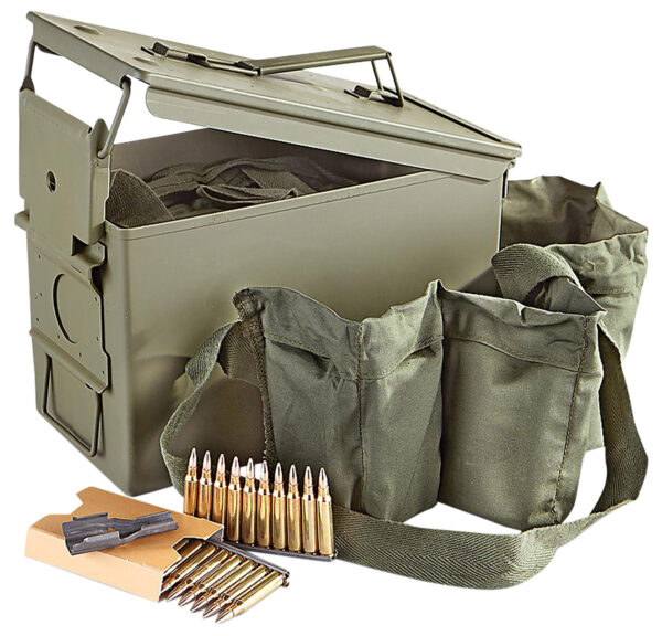 Ammunition box with bullets and green military pouch.