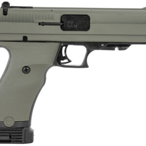 Olive green semi-automatic handgun side view.