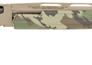 Camouflage shotgun with beige and green patterns.