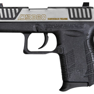 Black and silver handgun, side view, Diamondback brand.