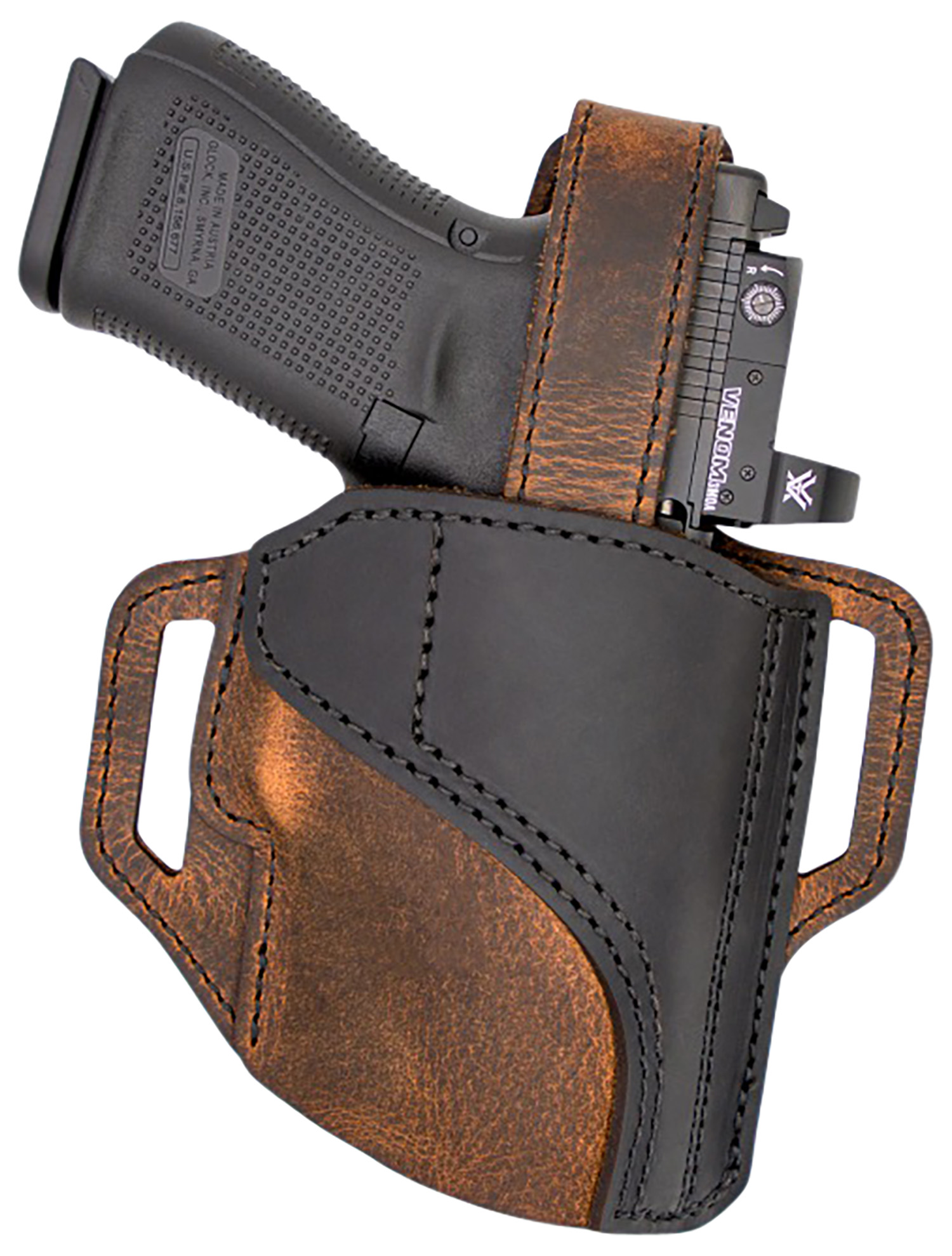 Pistol in leather holster with sight attachment.