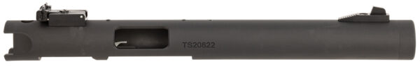 Black rifle barrel with rear and front sights.