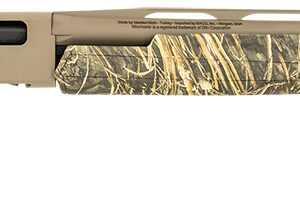 Camouflage-patterned tactical shotgun on white background.