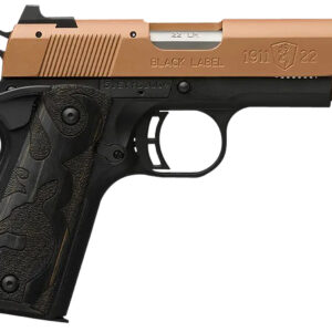 Browning 051896490 1911-22 Black Label Compact Frame 22 LR 10+1, 3.63" Matte Stainless Steel Barrel, Copper Cerakote Serrated Slide, Matte Black Polymer Frame w/Beavertail, Black Laminate Wood Grip