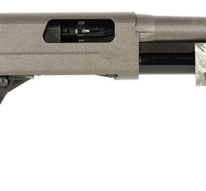 Textured camouflage shotgun on white background.