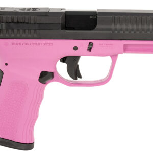Pink and black semi-automatic handgun side view.