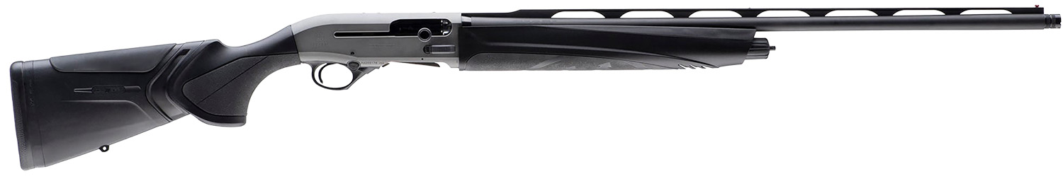 Side view of a black shotgun.