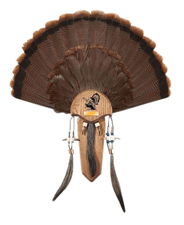 Mounted turkey fan with wood plaque and beads