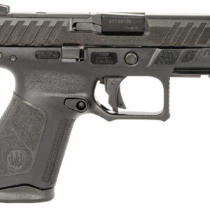 Black semi-automatic pistol on white background.