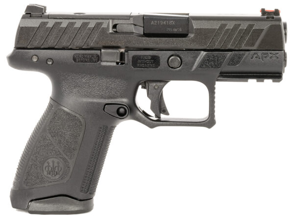 Black semi-automatic pistol on white background.
