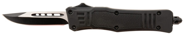 Black tactical folding knife with serrated edge