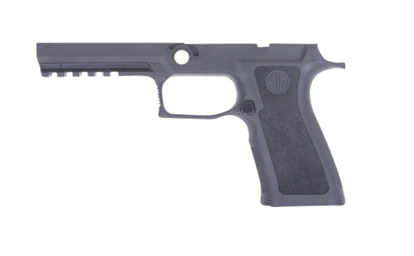 Gun frame with textured grip and rail system.