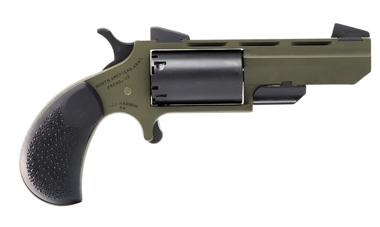 North American Arms TGHM Huntsman  22 Mag 5 Shot 2", OD Green Frame/Barrel, Black Cylinder, Camo Grips, Fixed Marble Arms Sights, Includes Black Leather Holster