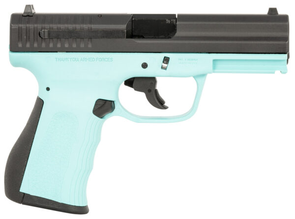 Mint green handgun with black accents