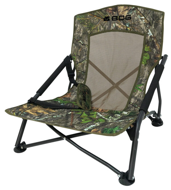 Camouflage folding outdoor chair with mesh backrest.