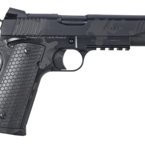 Black handgun on white background