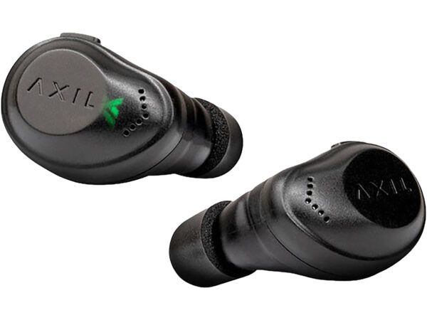 Black wireless earbuds with green LED light