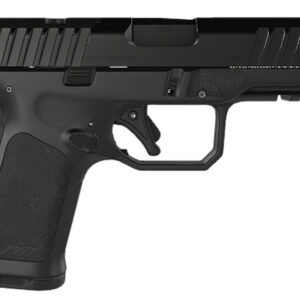Black semi-automatic handgun on white background